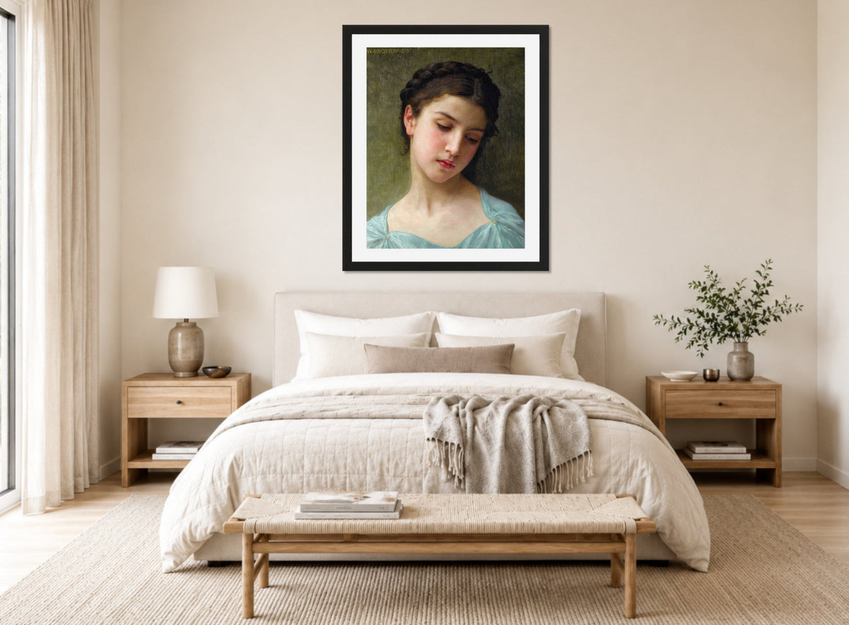 William-Adolphe Bouguereau Print, Portrait De Jeune Fille (1898) displayed above a bed