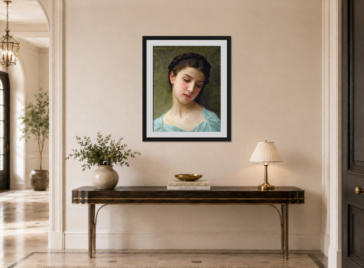 William-Adolphe Bouguereau Print, Portrait De Jeune Fille (1898) displayed above a console table