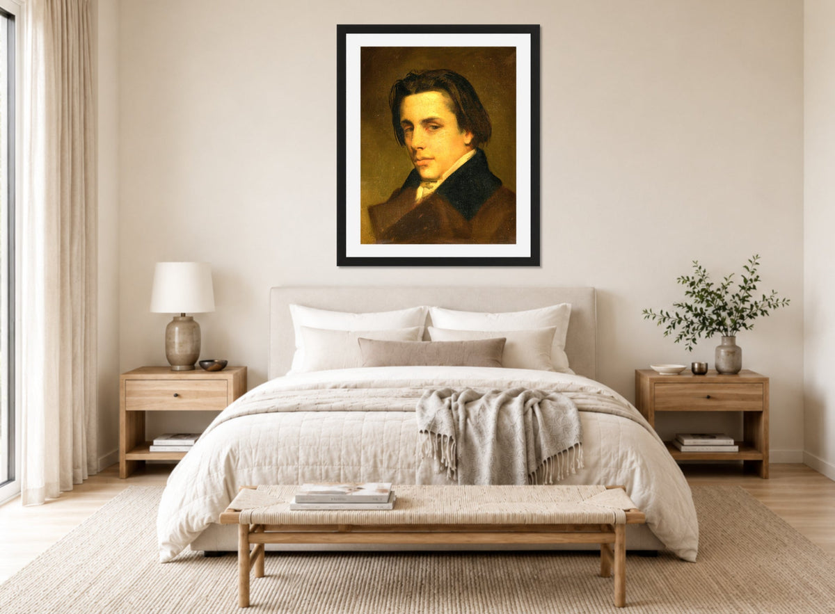William-Adolphe Bouguereau Print, Portrait Of A Man ( 1850) displayed above a bed