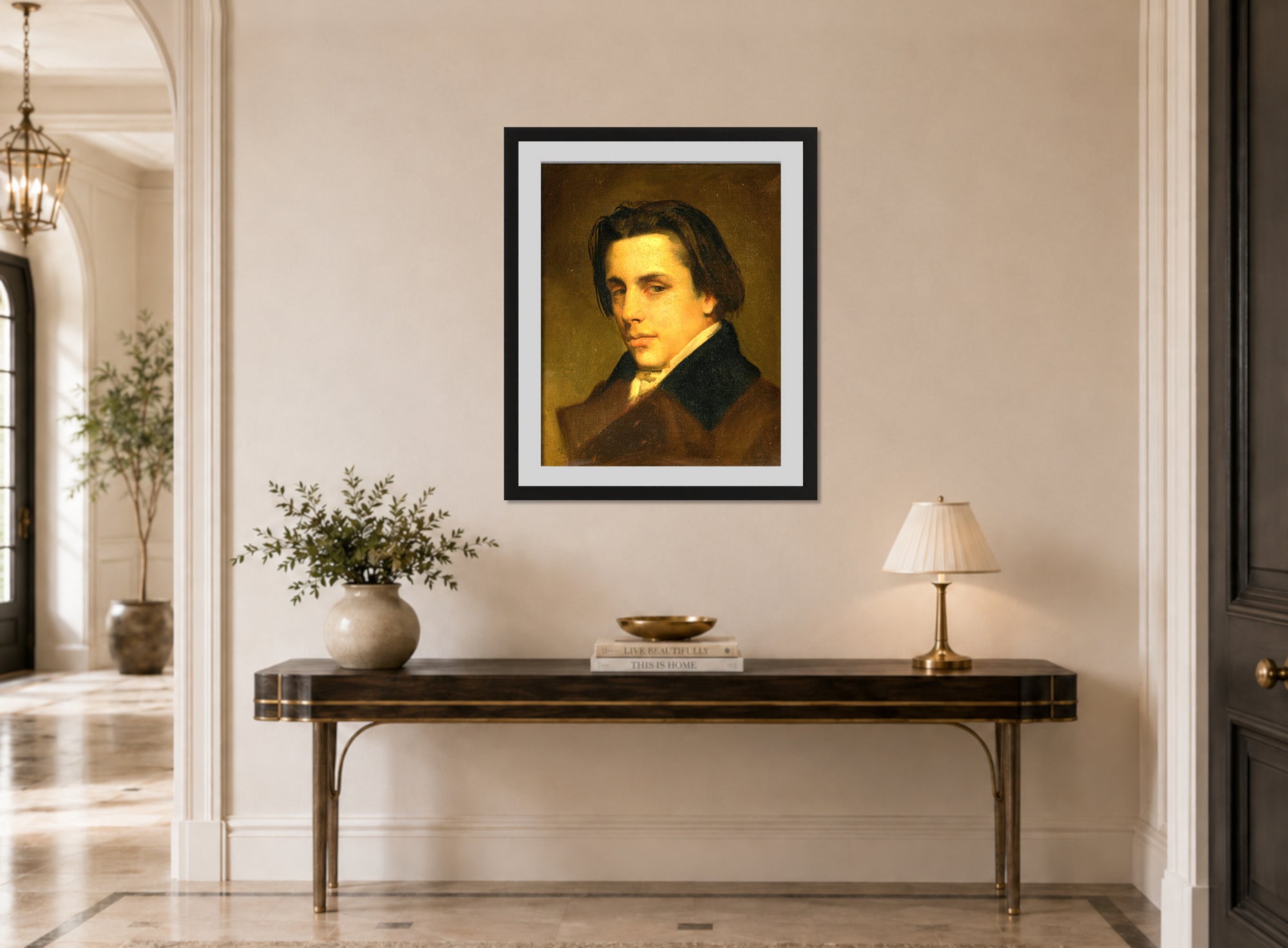 William-Adolphe Bouguereau Print, Portrait Of A Man ( 1850) displayed above a console table
