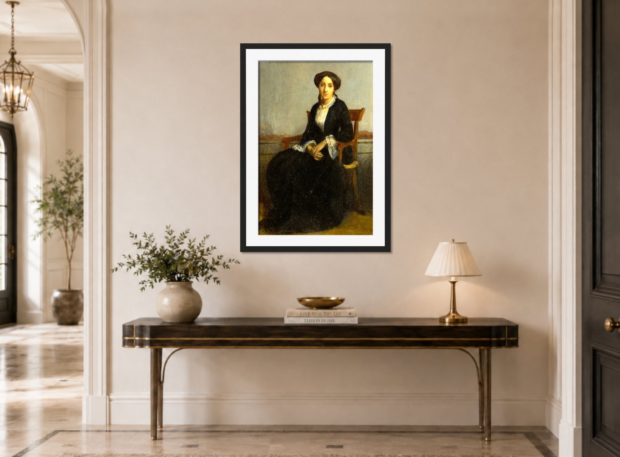 William-Adolphe Bouguereau Print, Portrait of Céline Geneviève displayed above a console table