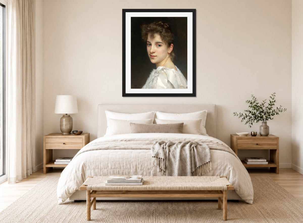 William-Adolphe Bouguereau Print, Portrait Of Gabrielle Cot (1890) displayed above a bed