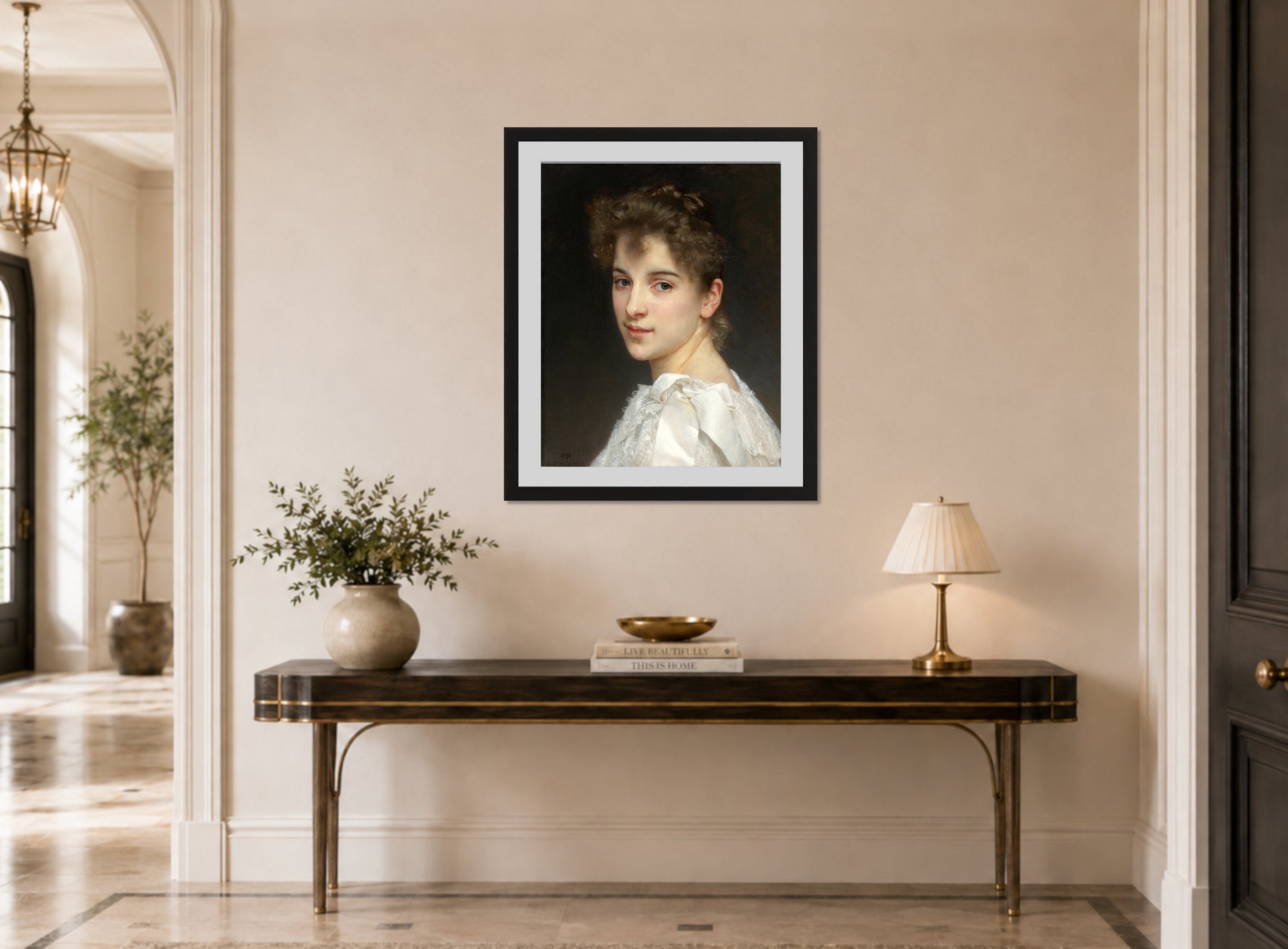 William-Adolphe Bouguereau Print, Portrait Of Gabrielle Cot (1890) displayed above a console table
