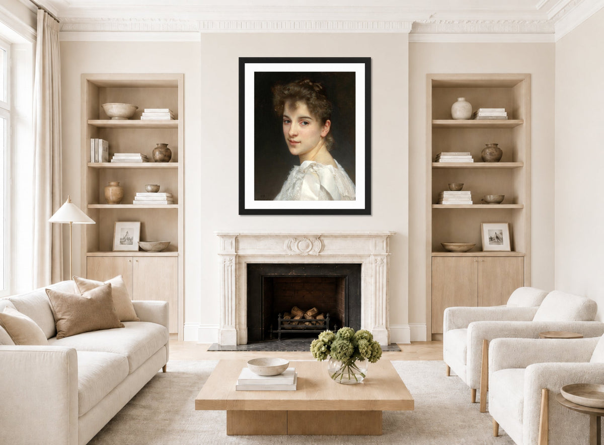 William-Adolphe Bouguereau Print, Portrait Of Gabrielle Cot (1890) displayed in a Scandinavian living room