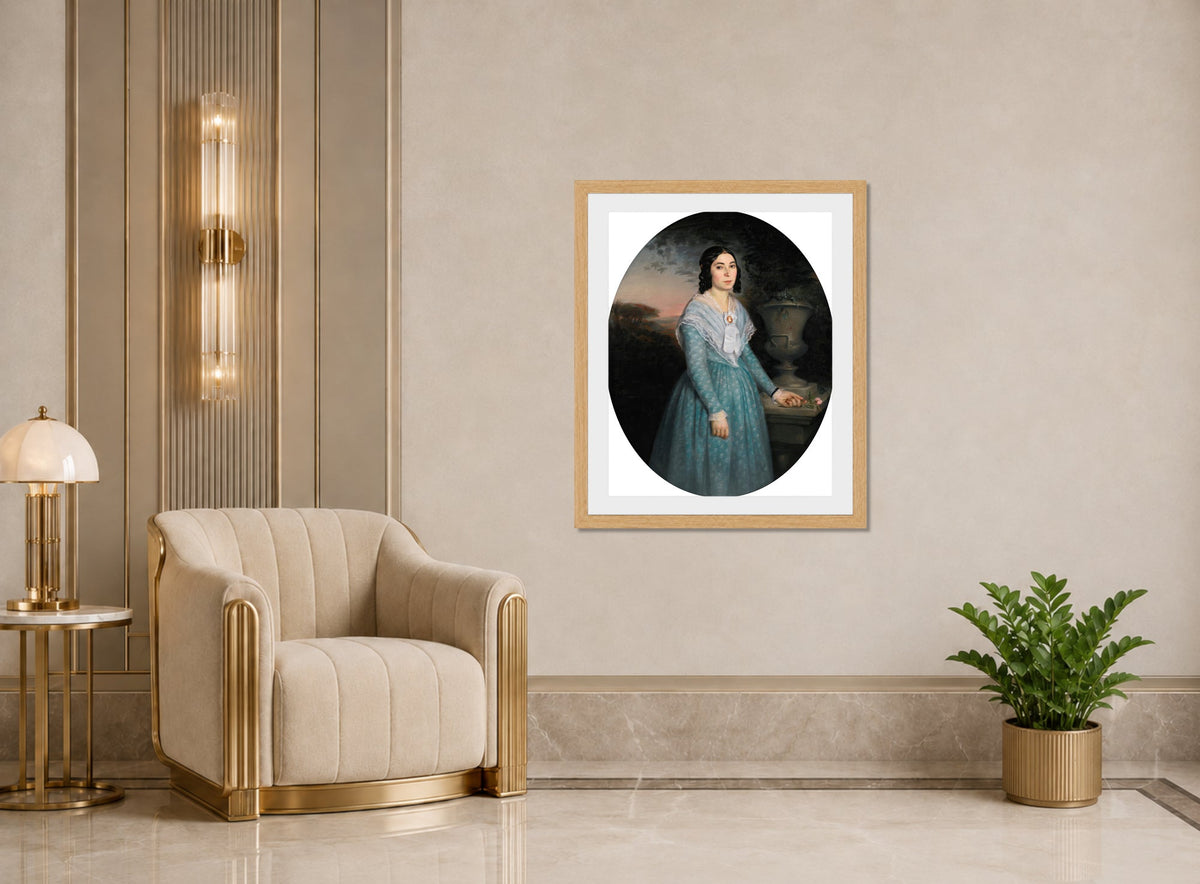 William-Adolphe Bouguereau Print, Portrait Of Marie-Célina Brieu (1846) displayed in an Art Deco interior