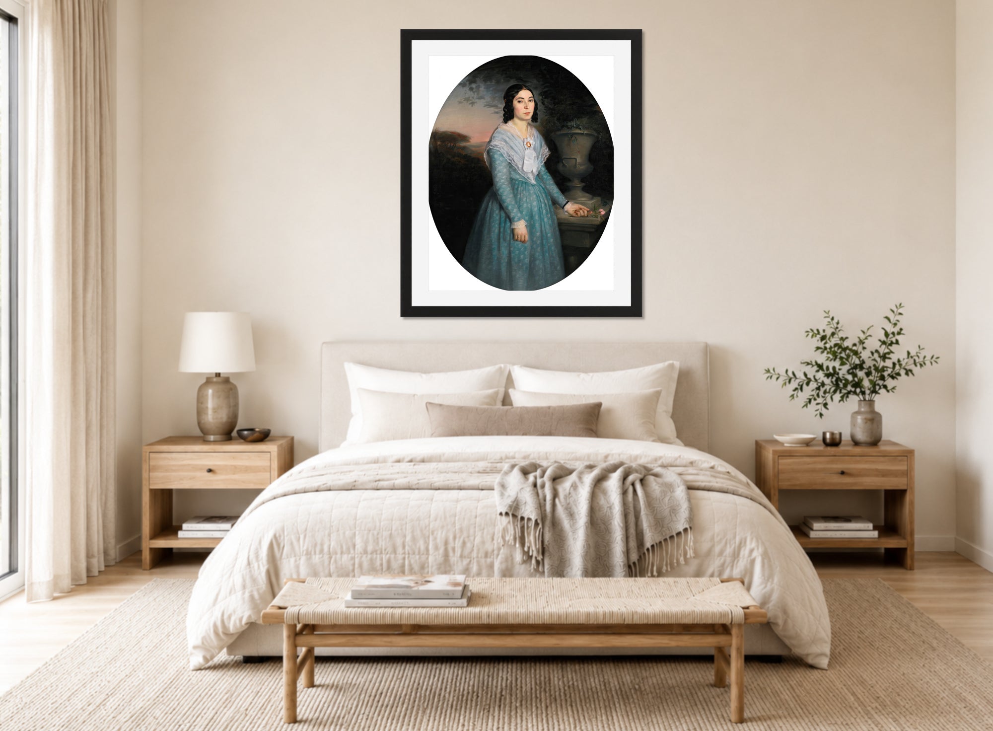 William-Adolphe Bouguereau Print, Portrait Of Marie-Célina Brieu (1846) displayed above a bed