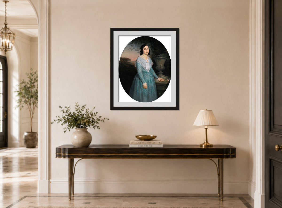 William-Adolphe Bouguereau Print, Portrait Of Marie-Célina Brieu (1846) displayed above a console table