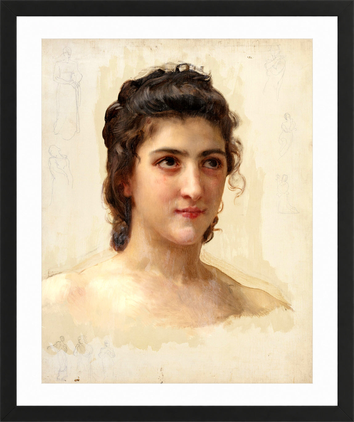 William-Adolphe Bouguereau Print, Portrait Study of Gabrielle Drunzer in a black frame