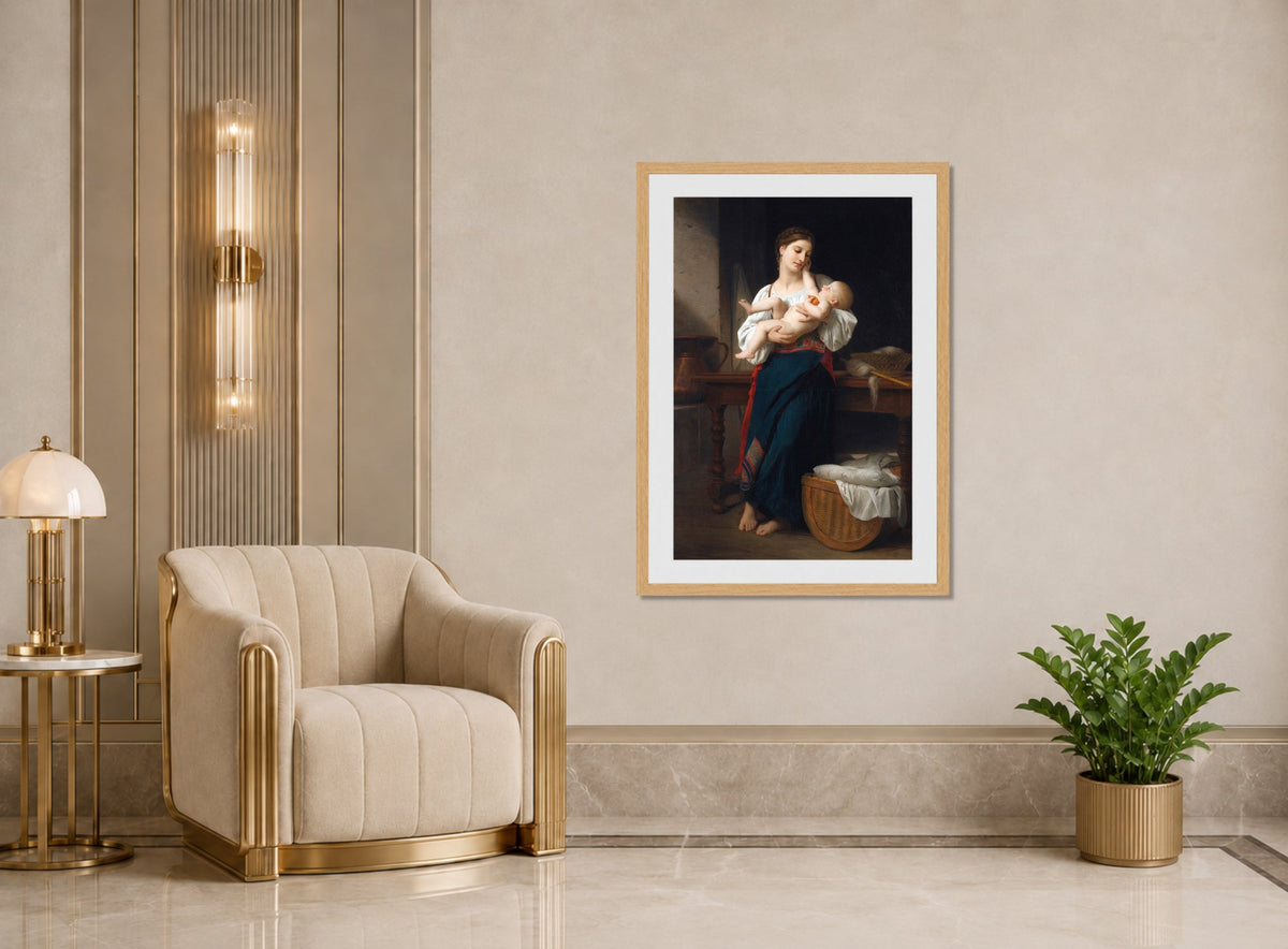 William-Adolphe Bouguereau Print, Premières caresse (1901) displayed in an Art Deco interior