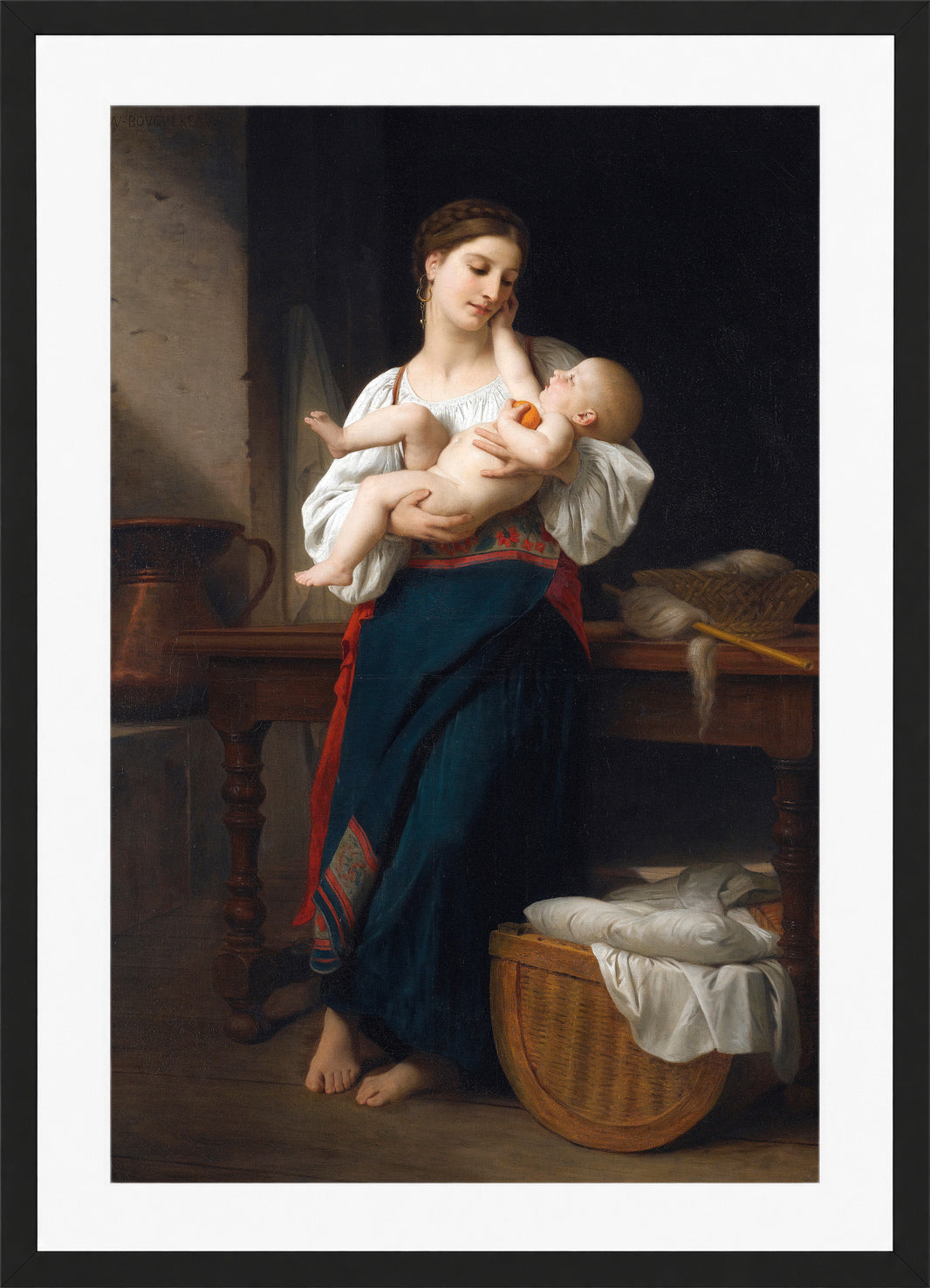 William-Adolphe Bouguereau Print, Premières caresse (1901) in a black frame