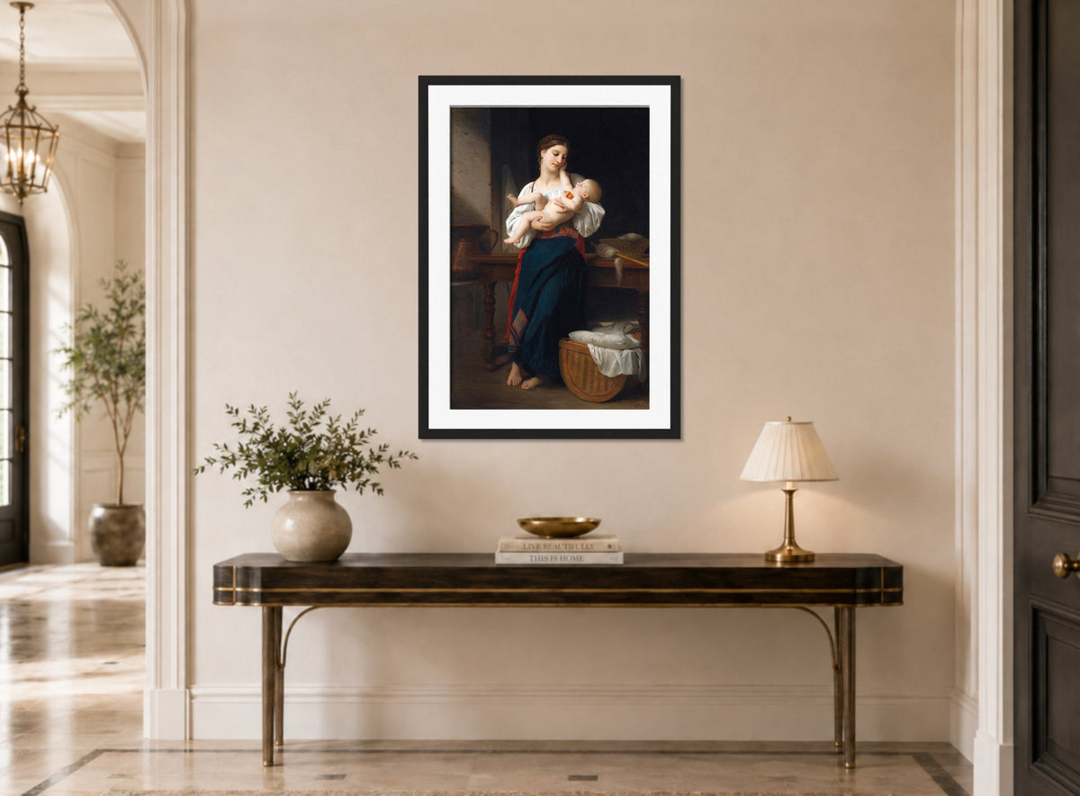 William-Adolphe Bouguereau Print, Premières caresse (1901) displayed above a console table
