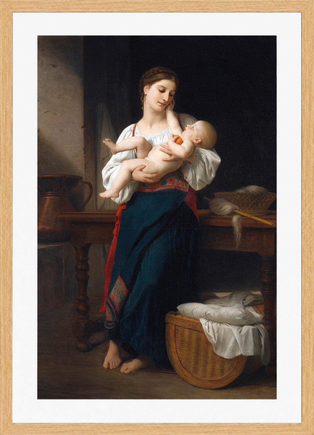 William-Adolphe Bouguereau Print, Premières caresse (1901) in a light oak frame