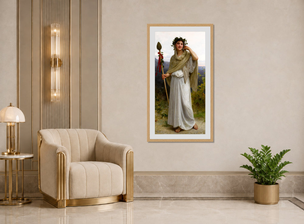 William-Adolphe Bouguereau Print, Prêtresse de Bacchus (1894) displayed in an Art Deco interior
