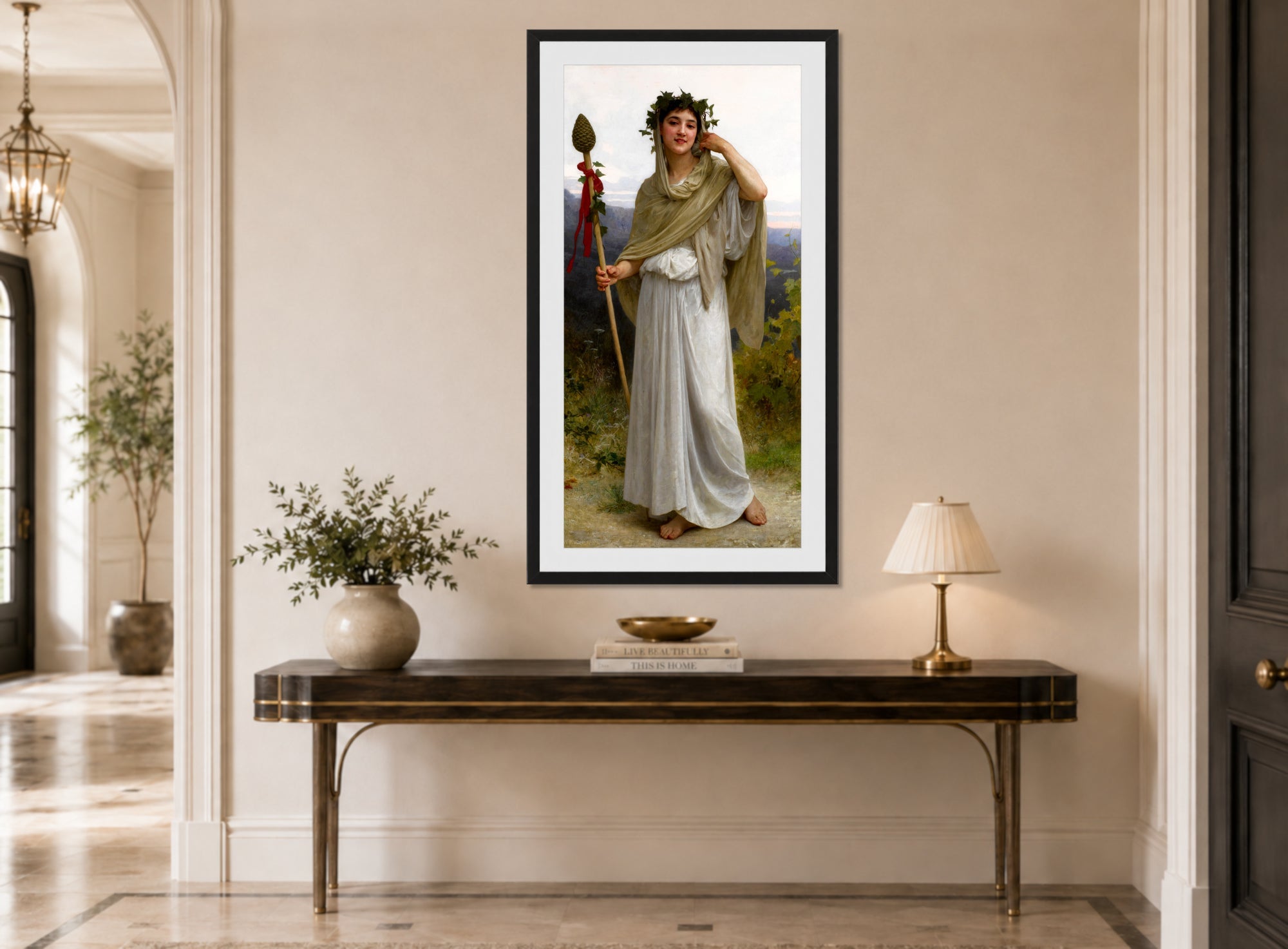 William-Adolphe Bouguereau Print, Prêtresse de Bacchus (1894) displayed above a console table