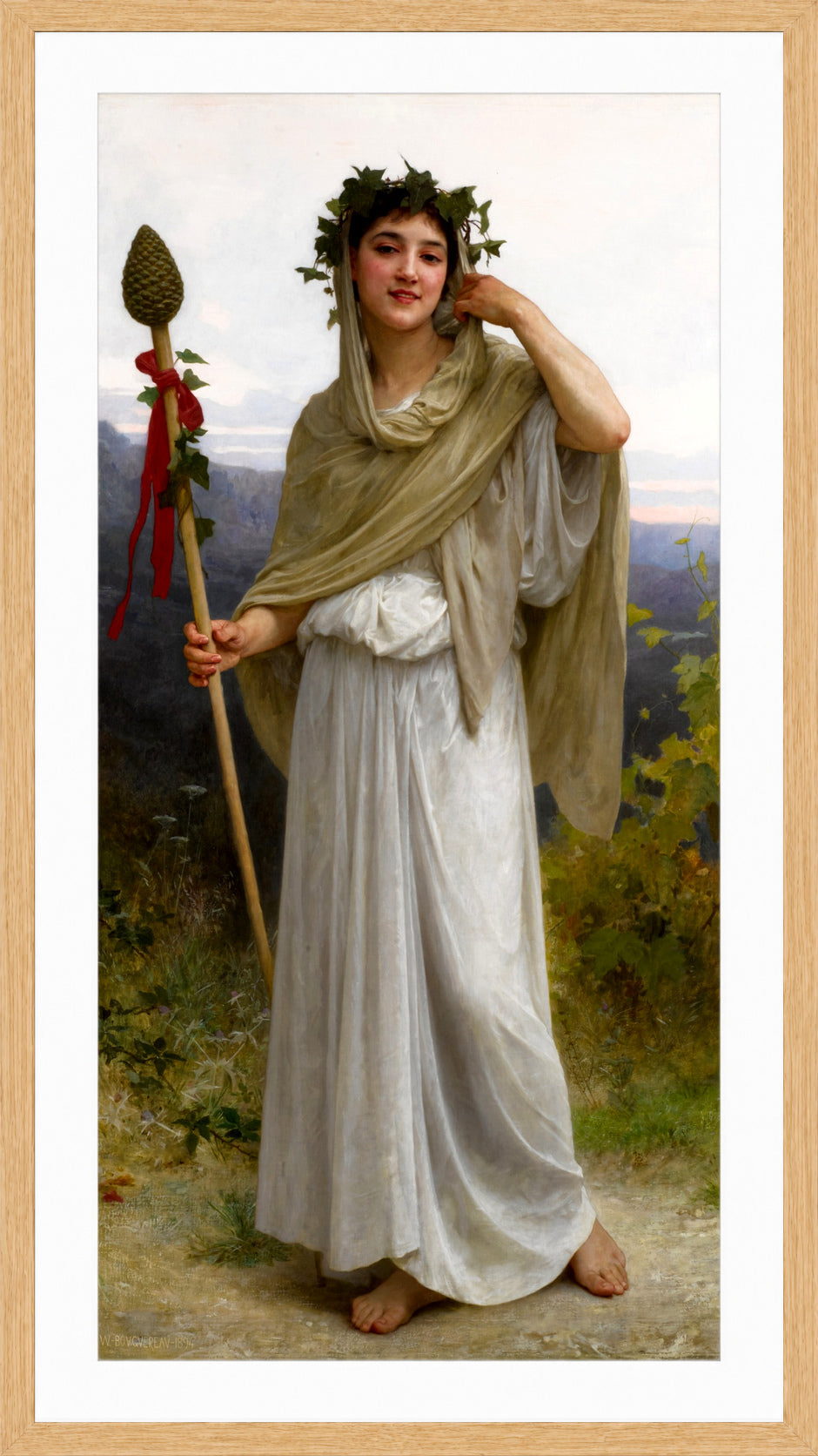 William-Adolphe Bouguereau Print, Prêtresse de Bacchus (1894) in a light oak frame