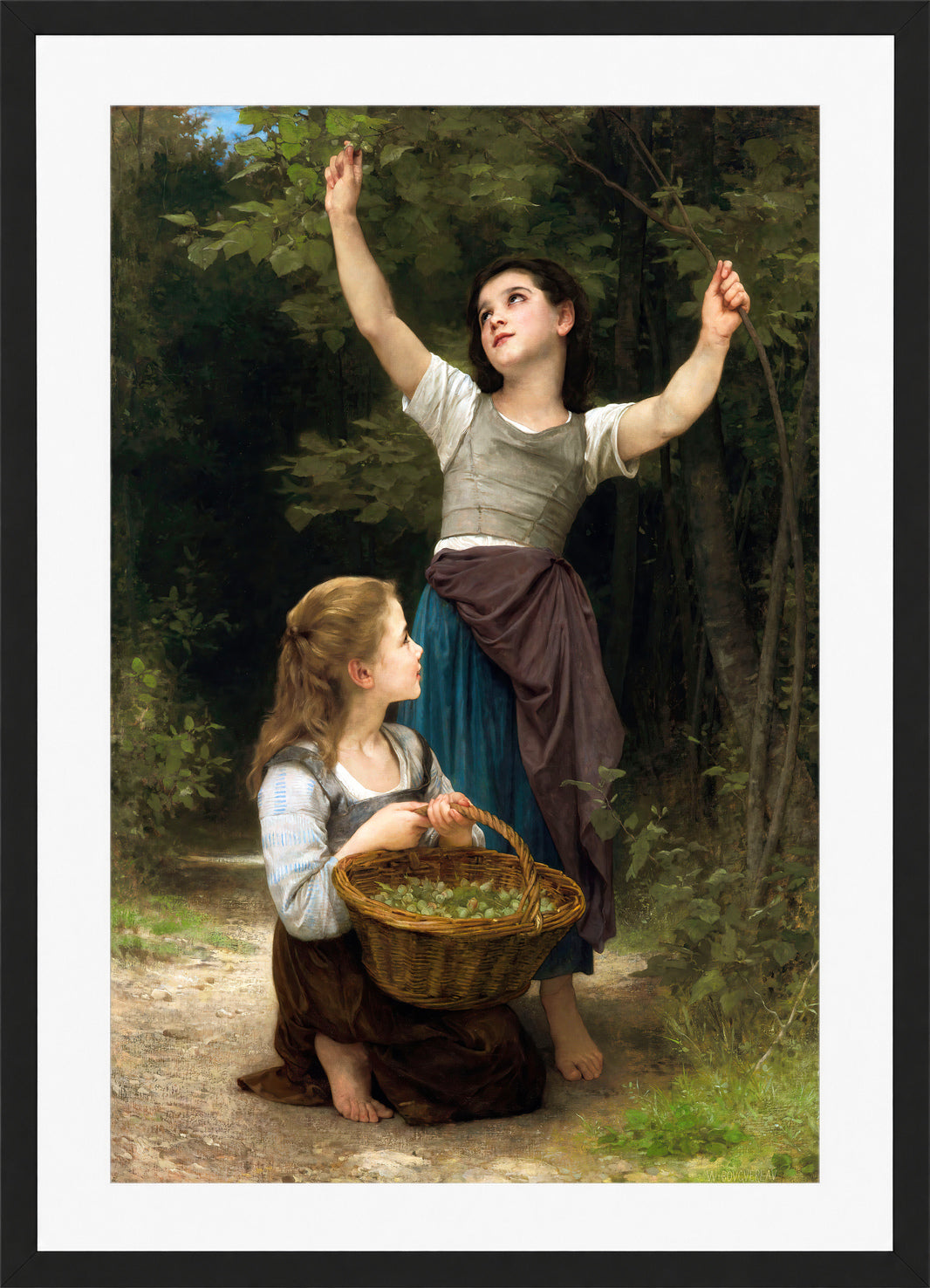 William-Adolphe Bouguereau Print, Récolte de noisettes (1883) in a black frame