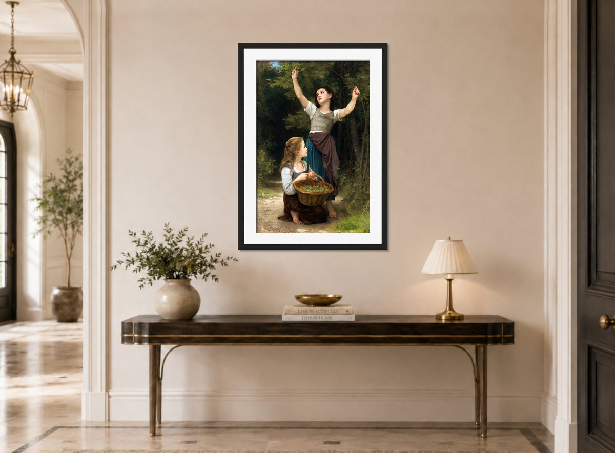 William-Adolphe Bouguereau Print, Récolte de noisettes (1883) displayed above a console table