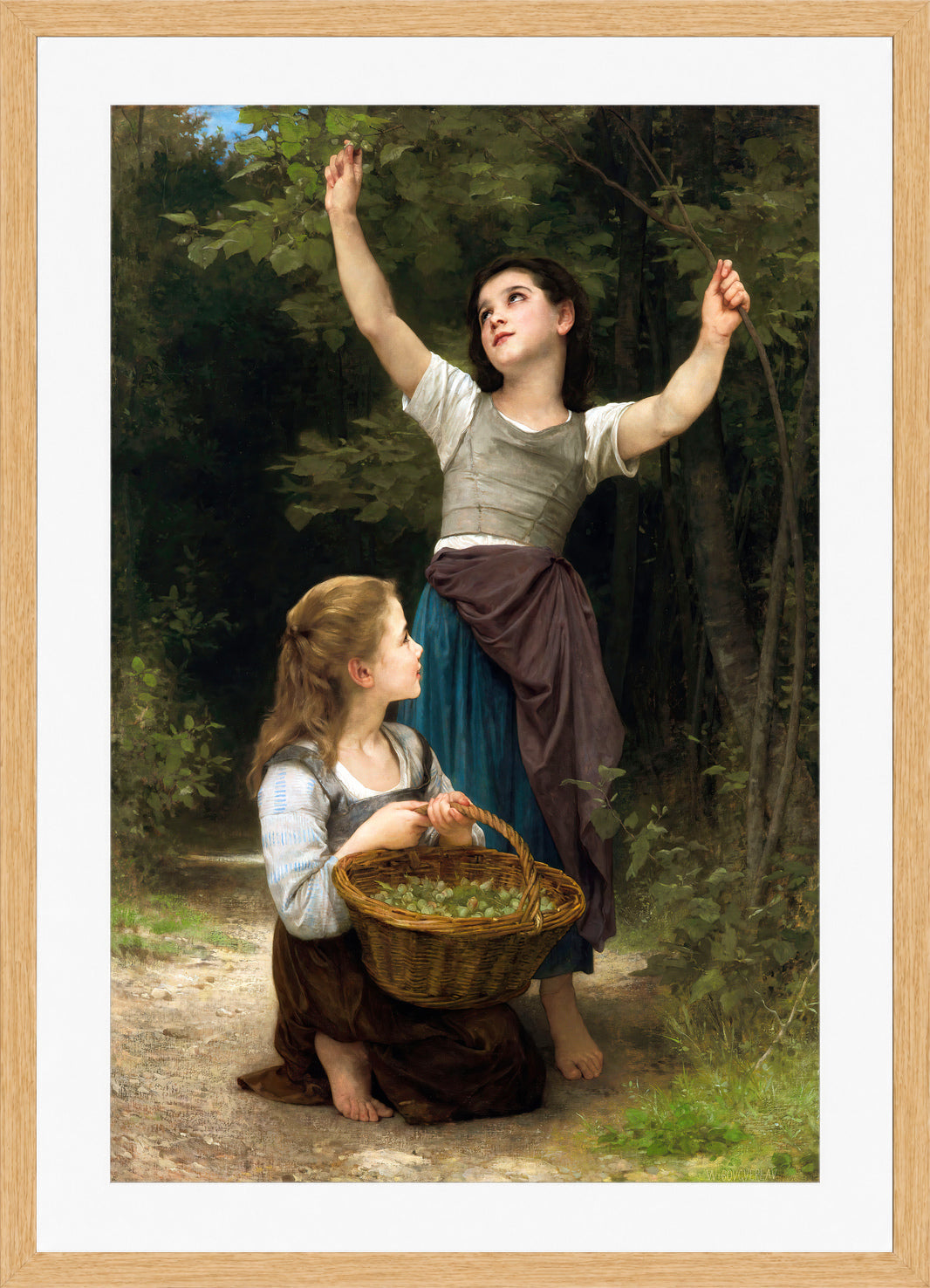 William-Adolphe Bouguereau Print, Récolte de noisettes (1883) in a light oak frame