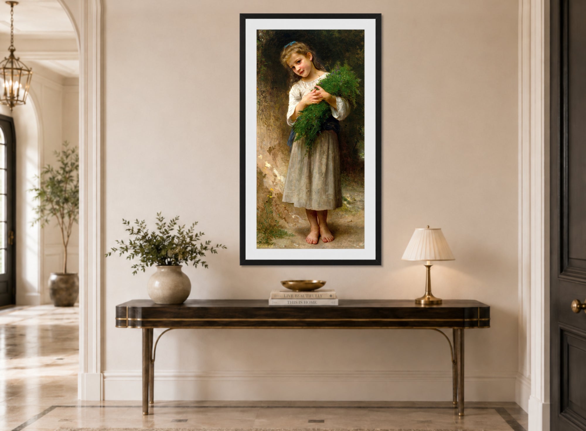 William-Adolphe Bouguereau Print, Retour des champs (1898) displayed above a console table