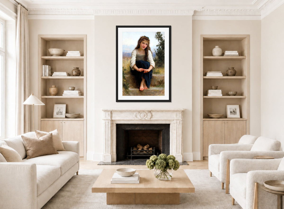 William-Adolphe Bouguereau Print, Rêverie (1899) displayed in a Scandinavian living room