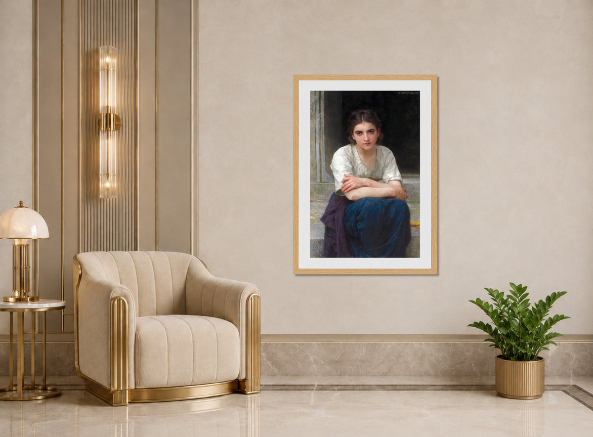 William-Adolphe Bouguereau Print, Rêverie sur le seuil (1893) displayed in an Art Deco interior
