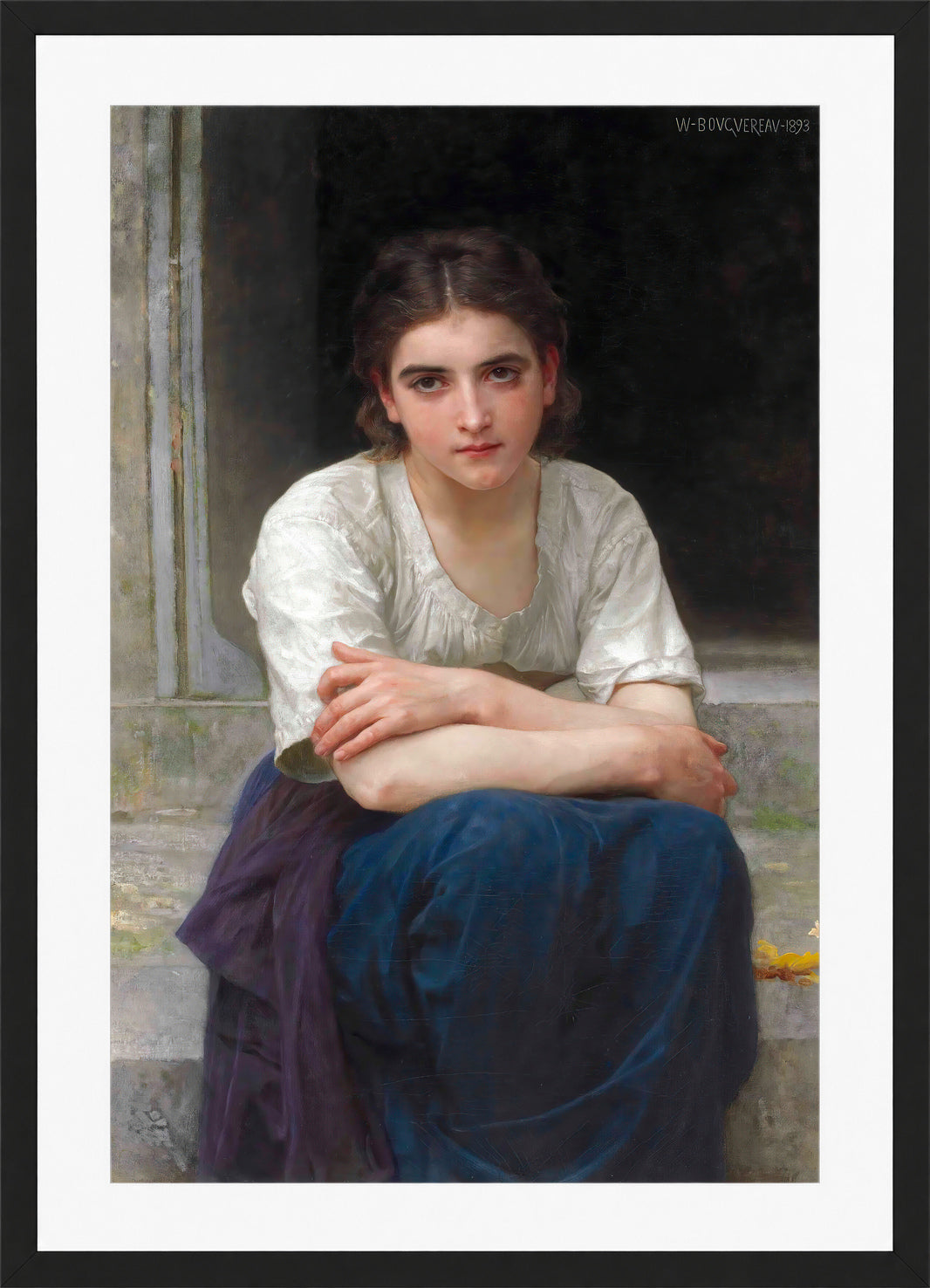William-Adolphe Bouguereau Print, Rêverie sur le seuil (1893) in a black frame