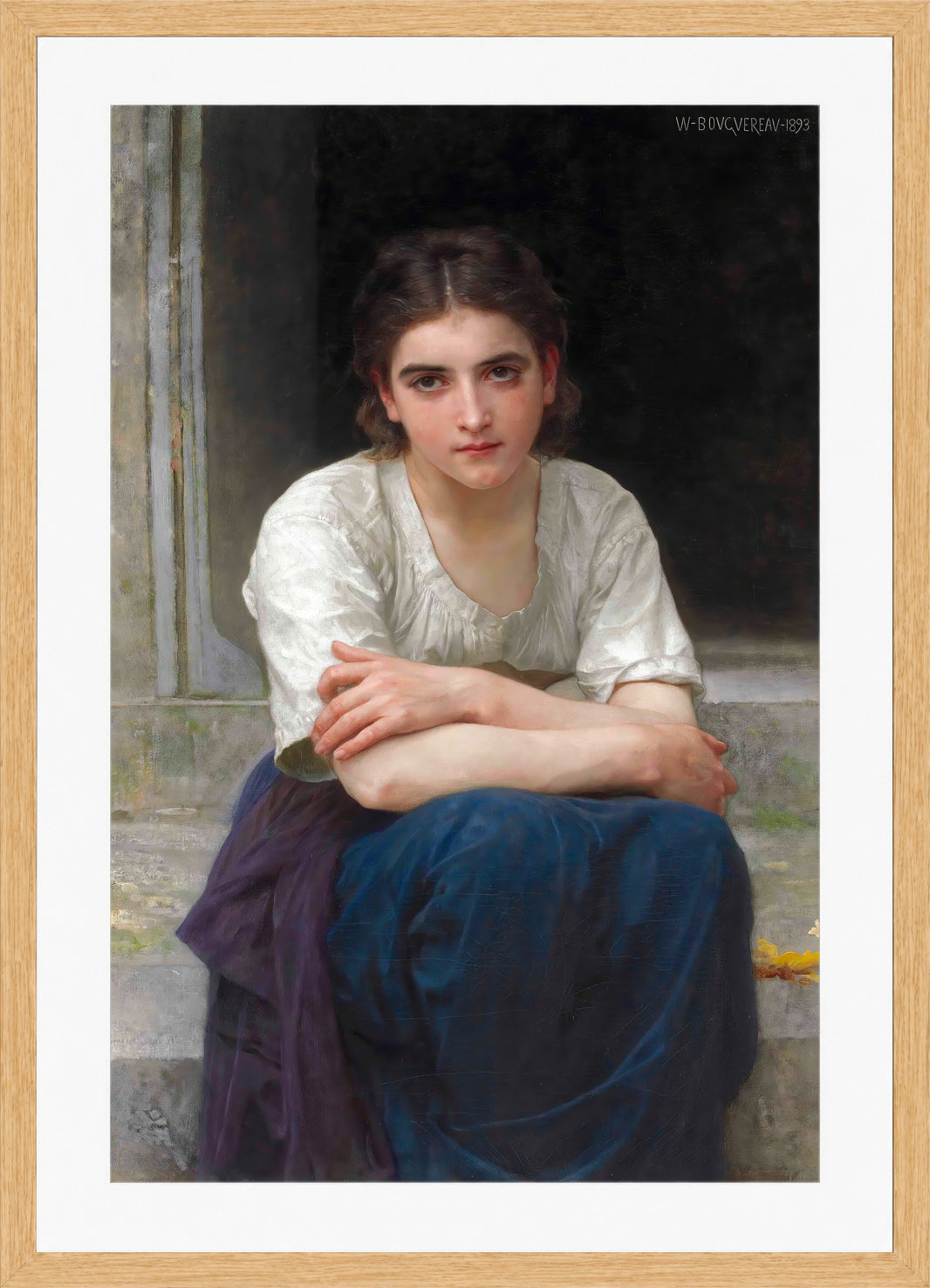 William-Adolphe Bouguereau Print, Rêverie sur le seuil (1893) in a light oak frame