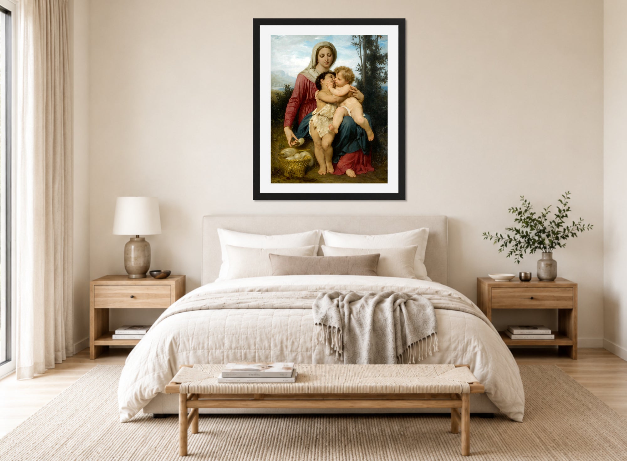 William-Adolphe Bouguereau Print, Sainte Famille (The Holy Family) (1863) displayed above a bed