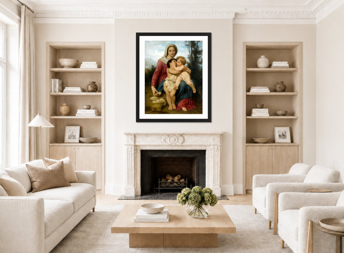 William-Adolphe Bouguereau Print, Sainte Famille (The Holy Family) (1863) displayed in a Scandinavian living room