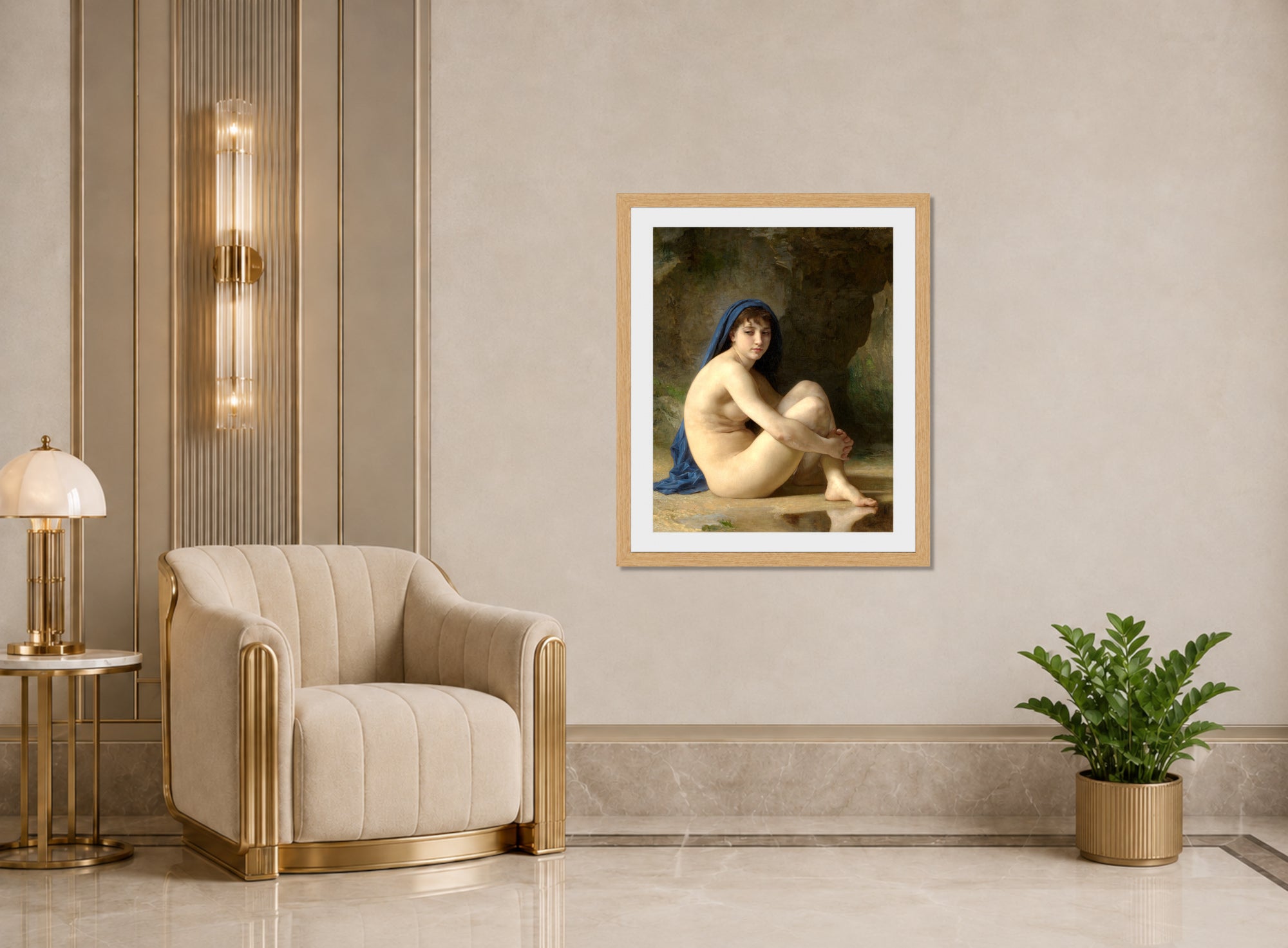 William-Adolphe Bouguereau Print, Seated Nude (1884) displayed in an Art Deco interior