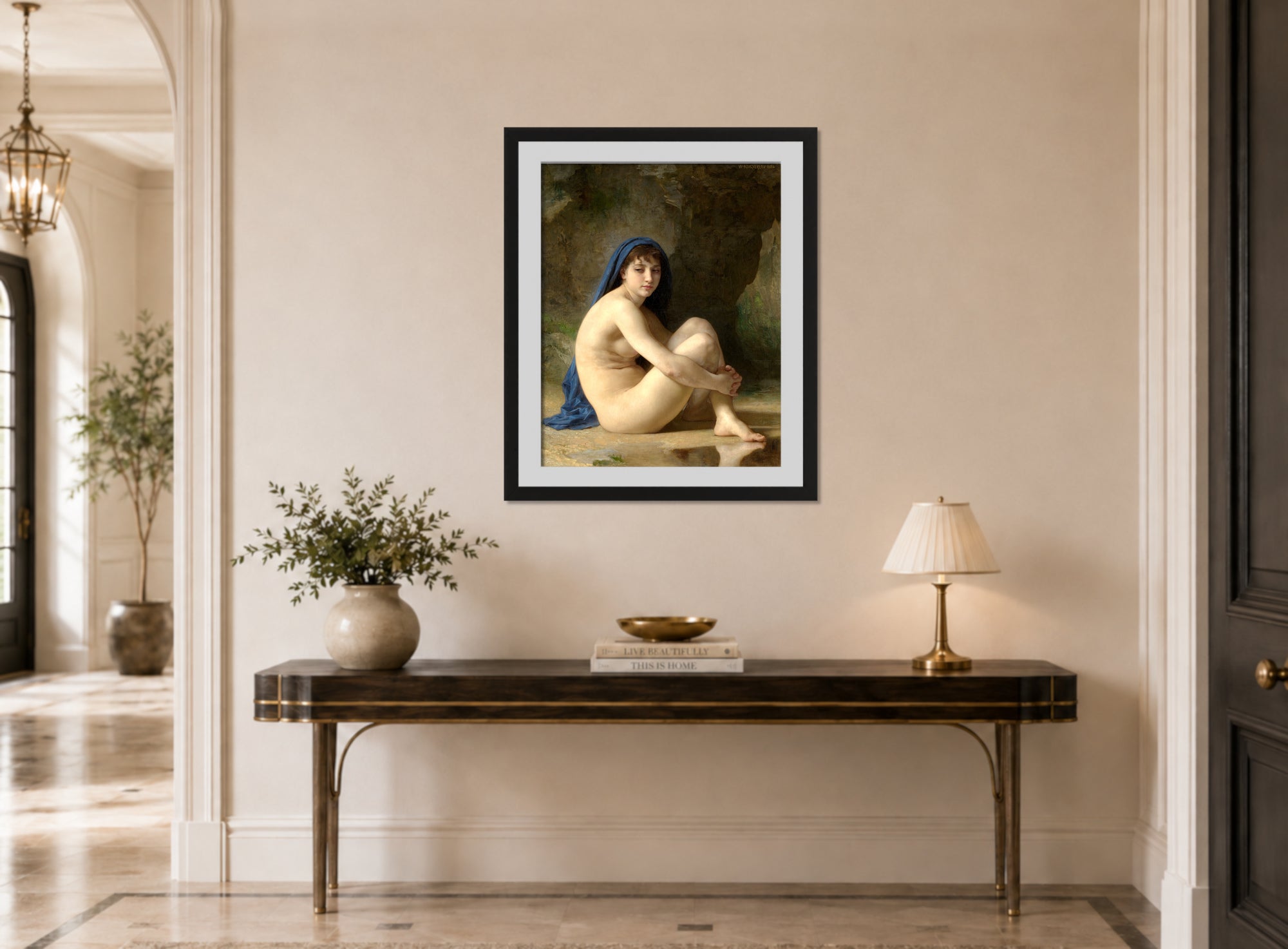 William-Adolphe Bouguereau Print, Seated Nude (1884) displayed above a console table