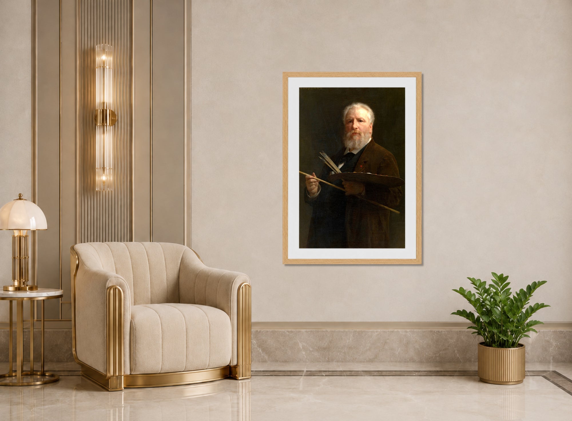 William-Adolphe Bouguereau Print, Self Portrait (1895) displayed in an Art Deco interior