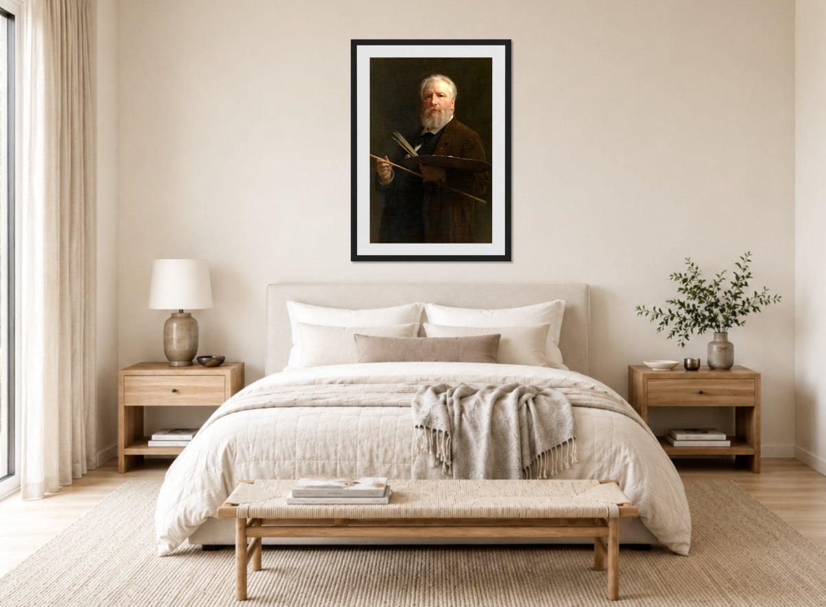 William-Adolphe Bouguereau Print, Self Portrait (1895) displayed above a bed