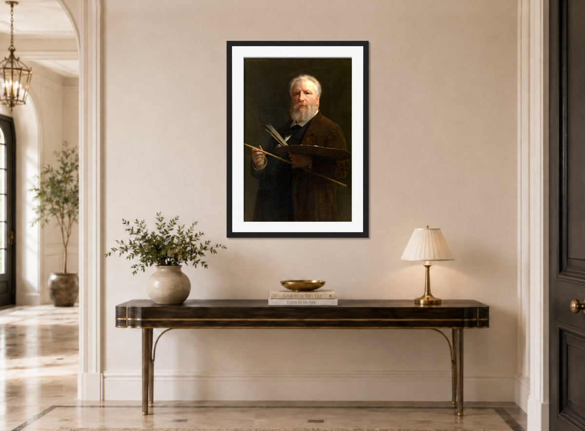 William-Adolphe Bouguereau Print, Self Portrait (1895) displayed above a console table