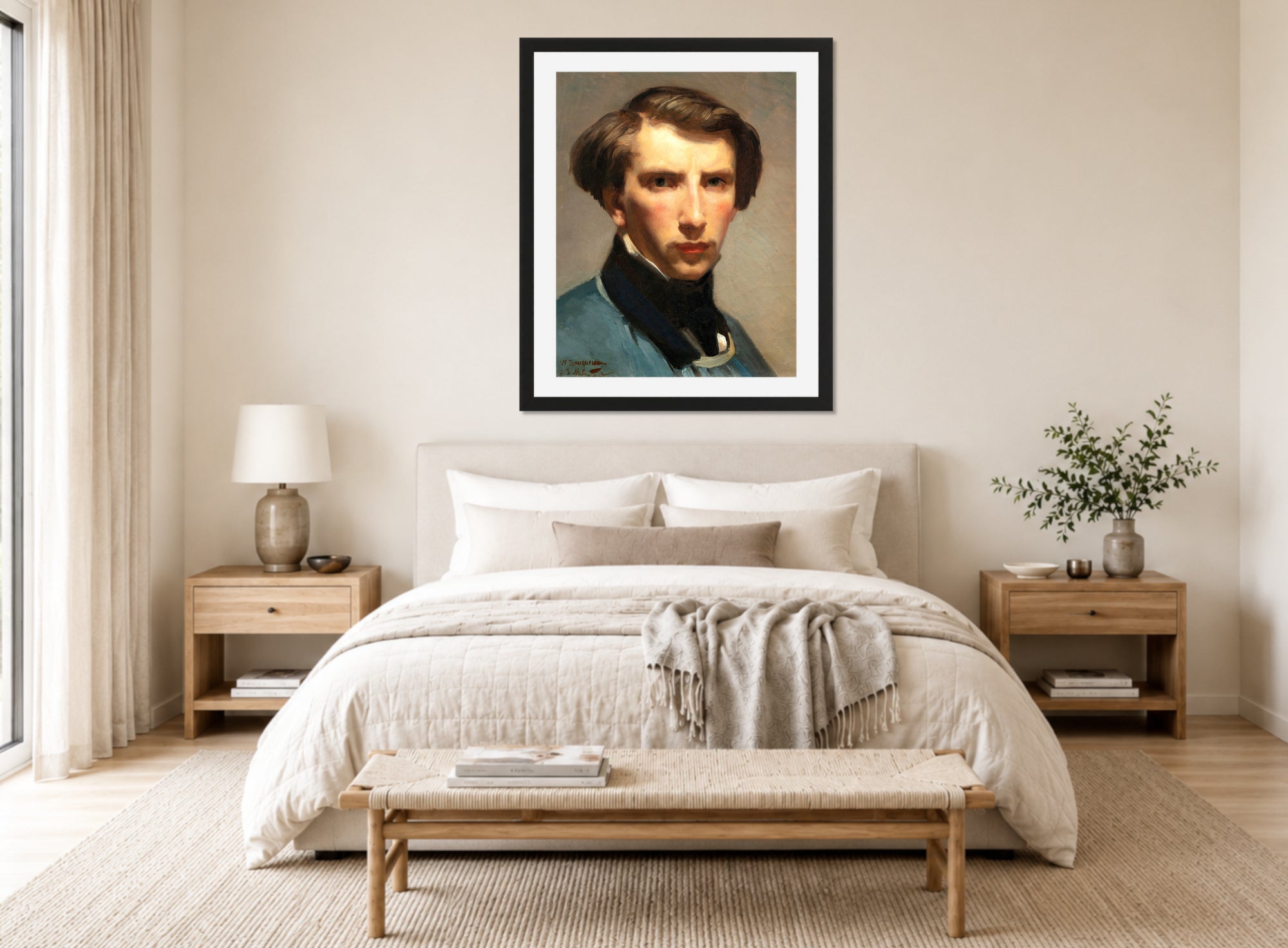 William-Adolphe Bouguereau Print, Self-Portrait displayed above a bed