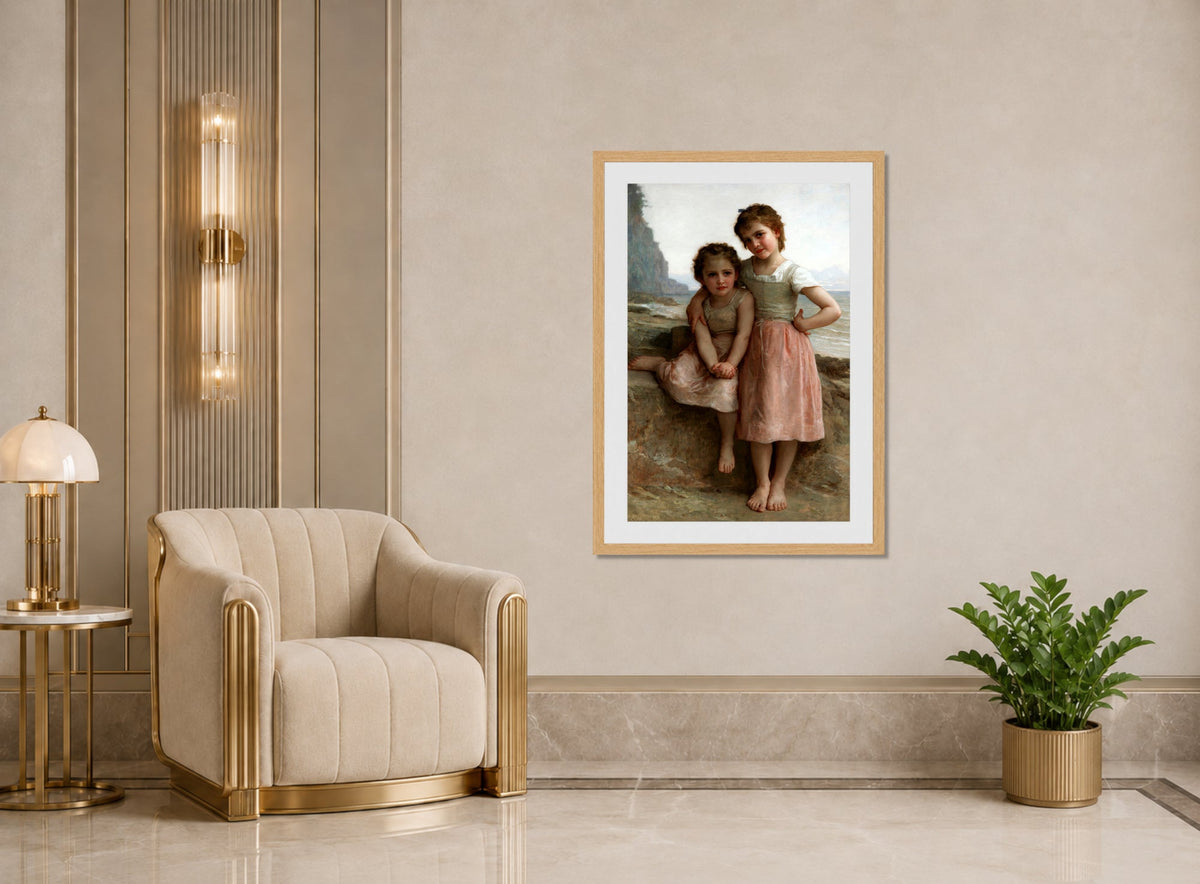 William-Adolphe Bouguereau Print, Sisters on the Shore (1896) displayed in an Art Deco interior