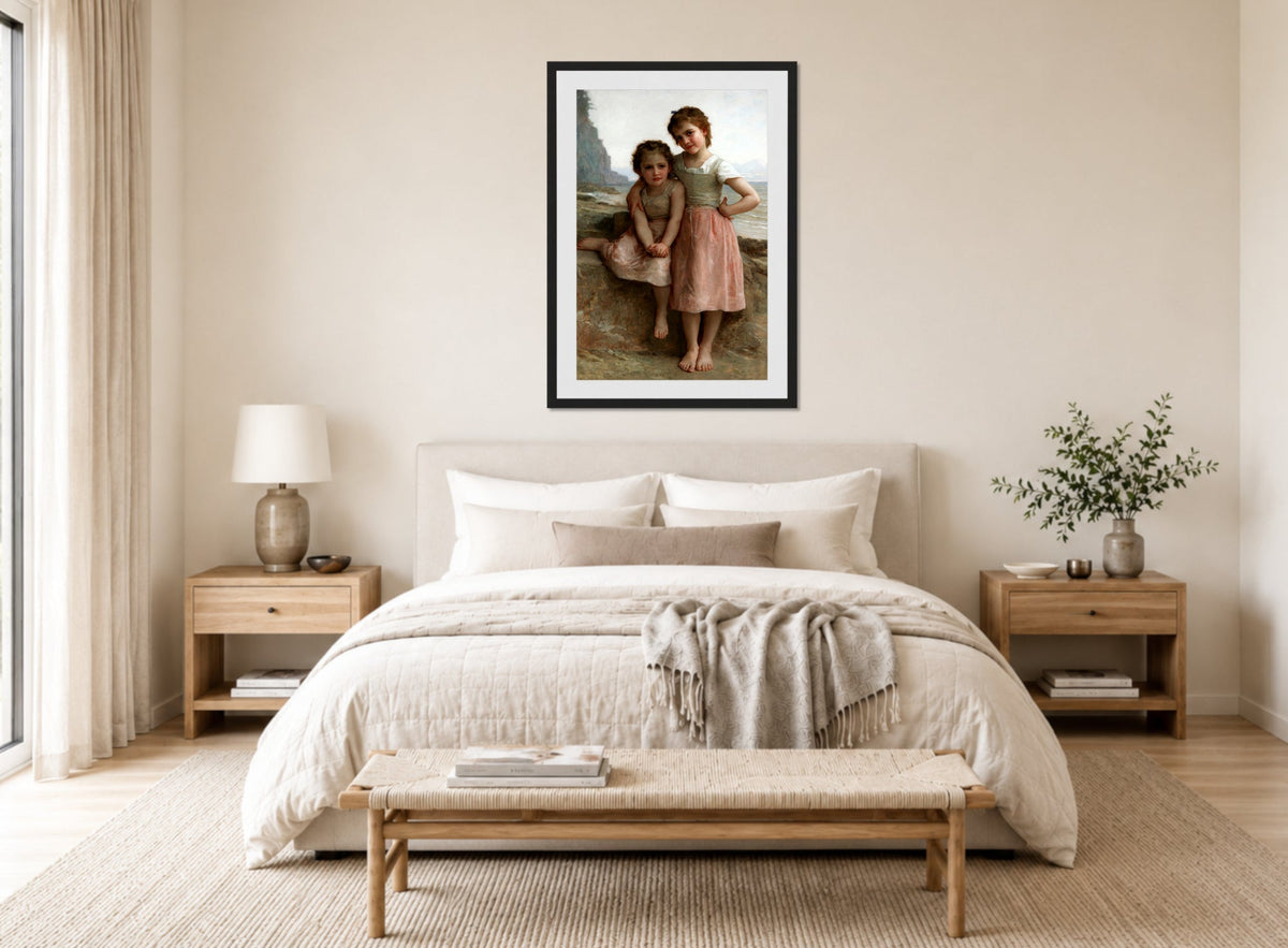 William-Adolphe Bouguereau Print, Sisters on the Shore (1896) displayed above a bed