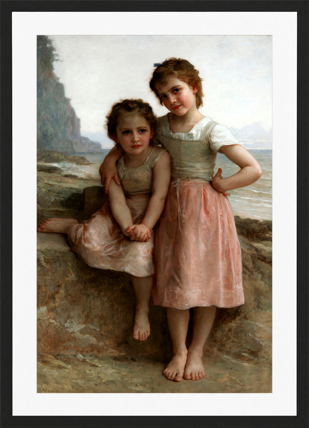 William-Adolphe Bouguereau Print, Sisters on the Shore (1896) in a black frame