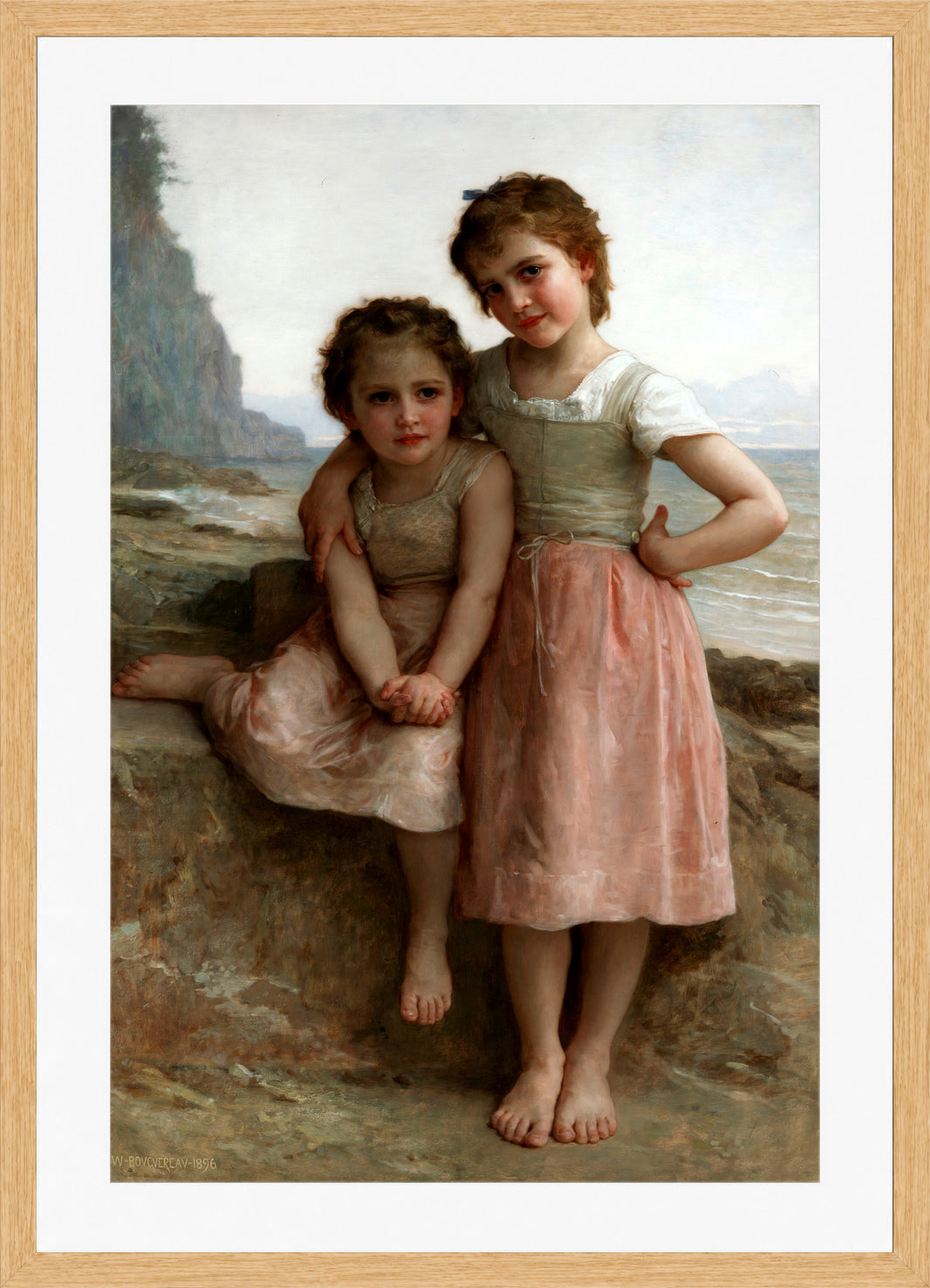 William-Adolphe Bouguereau Print, Sisters on the Shore (1896) in a light oak frame