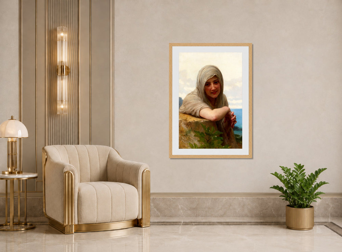 William-Adolphe Bouguereau Print, Souvenir (1894) displayed in an Art Deco interior