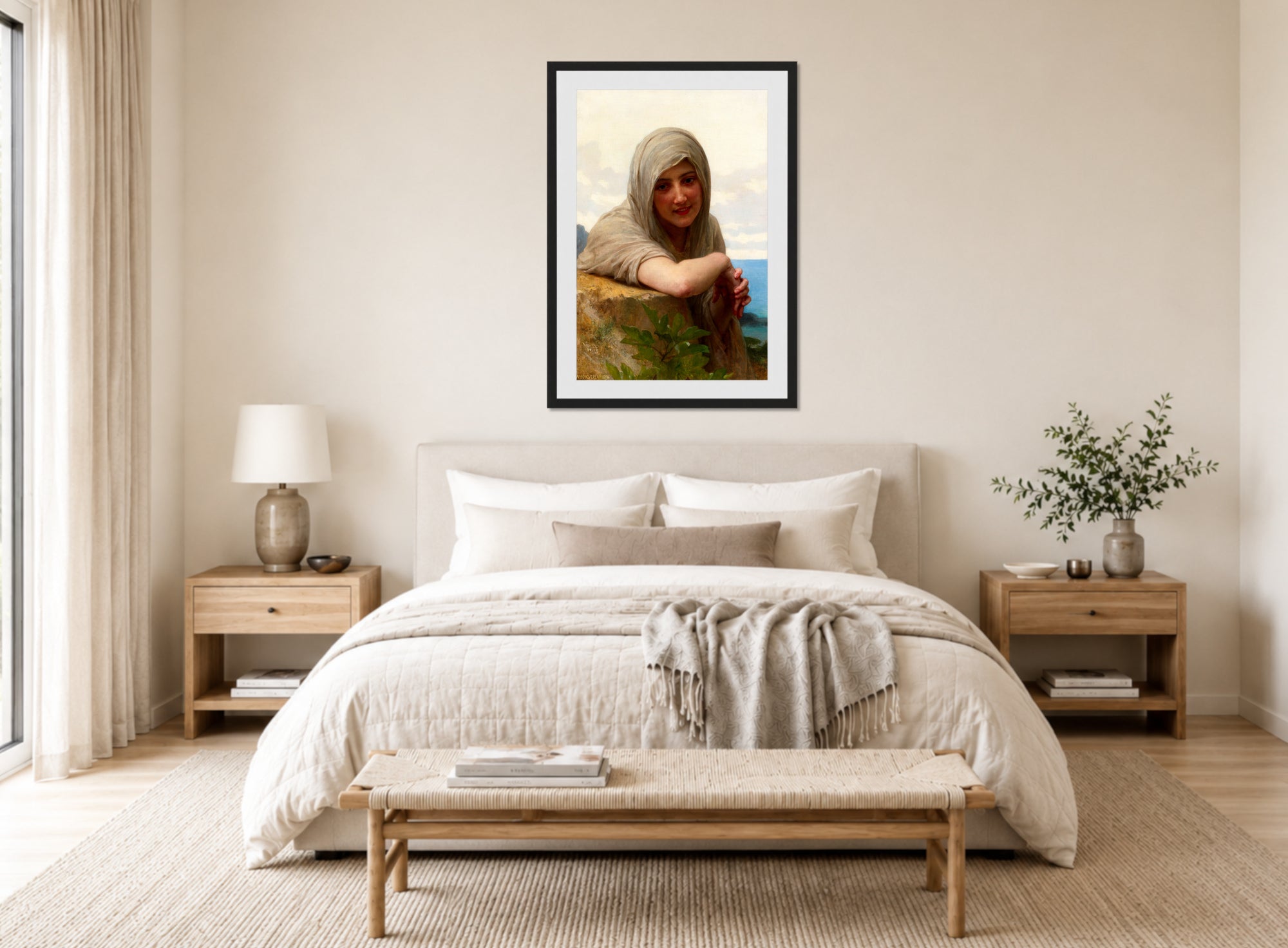 William-Adolphe Bouguereau Print, Souvenir (1894) displayed above a bed