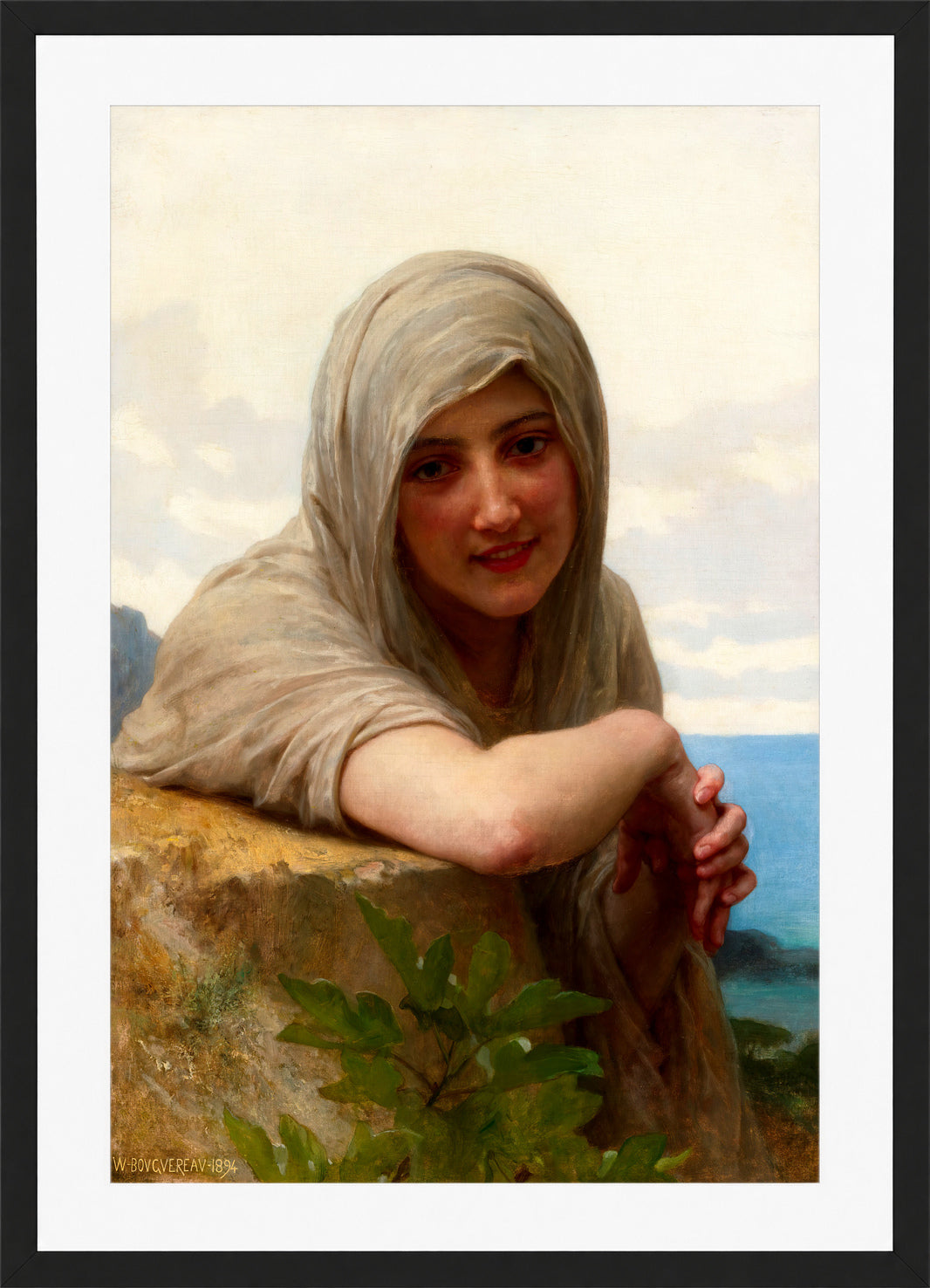 William-Adolphe Bouguereau Print, Souvenir (1894) in a black frame