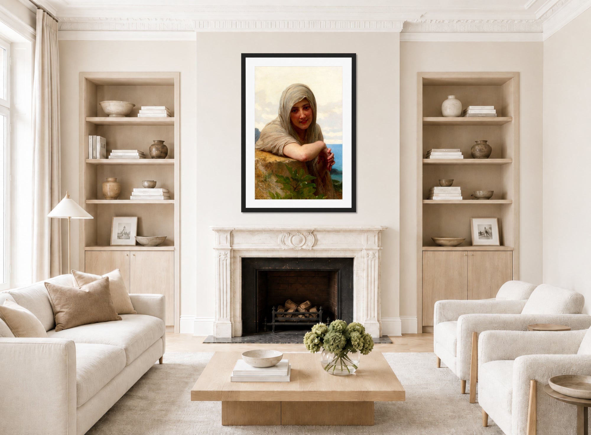 William-Adolphe Bouguereau Print, Souvenir (1894) displayed in a Scandinavian living room