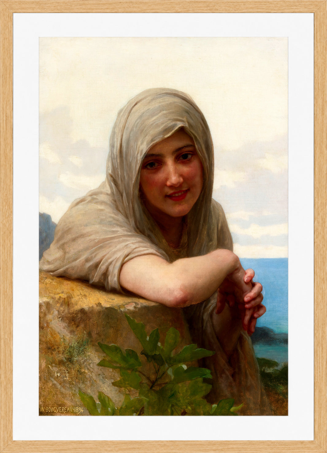 William-Adolphe Bouguereau Print, Souvenir (1894) in a light oak frame