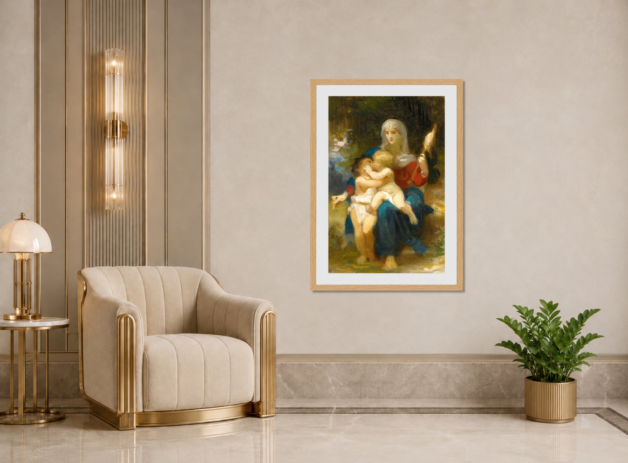 William-Adolphe Bouguereau Print, Study For Sainte Famille displayed in an Art Deco interior