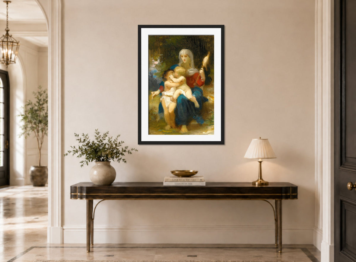 William-Adolphe Bouguereau Print, Study For Sainte Famille displayed above a console table