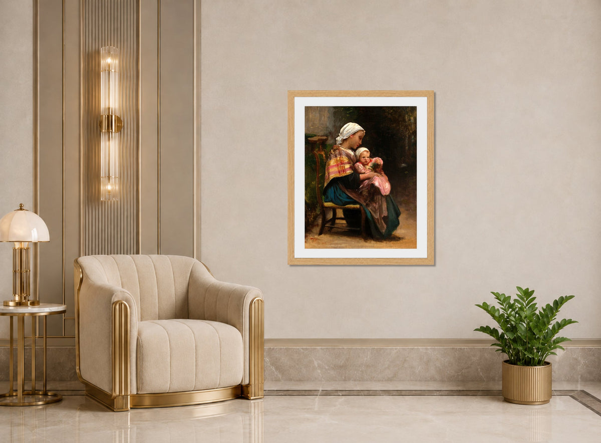 William-Adolphe Bouguereau Print, Study of a Mother and Child displayed in an Art Deco interior