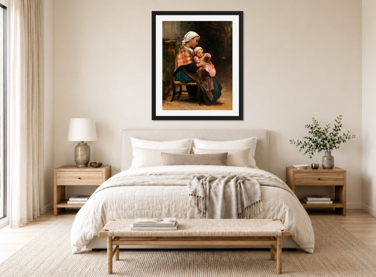 William-Adolphe Bouguereau Print, Study of a Mother and Child displayed above a bed