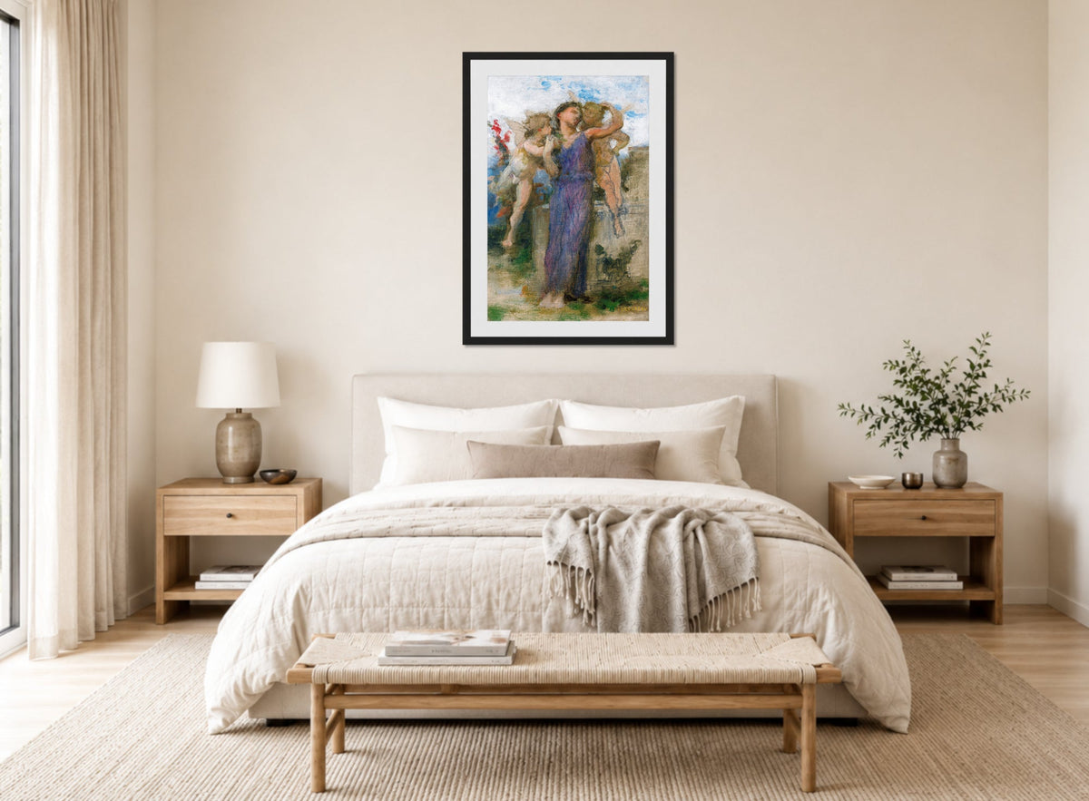 William-Adolphe Bouguereau Print, Tendres propos displayed above a bed