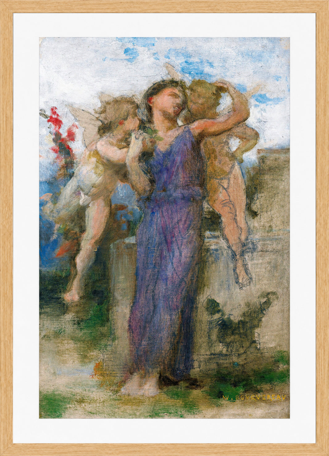 William-Adolphe Bouguereau Print, Tendres propos in a light oak frame